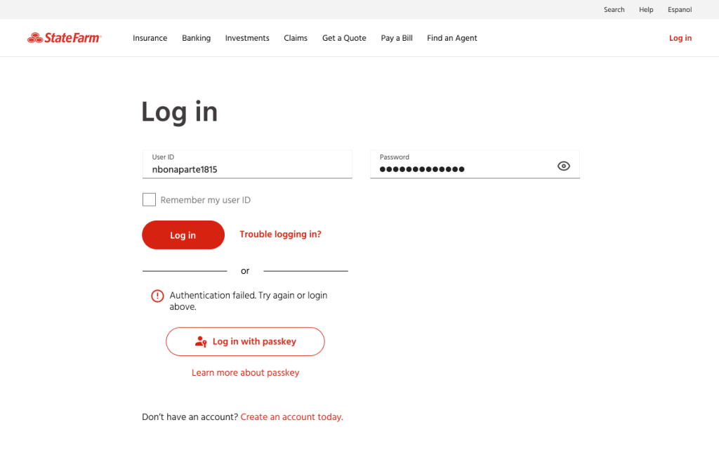 Image of failure message for login