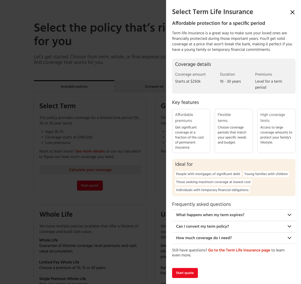 Additional information drawer for select term life insurance